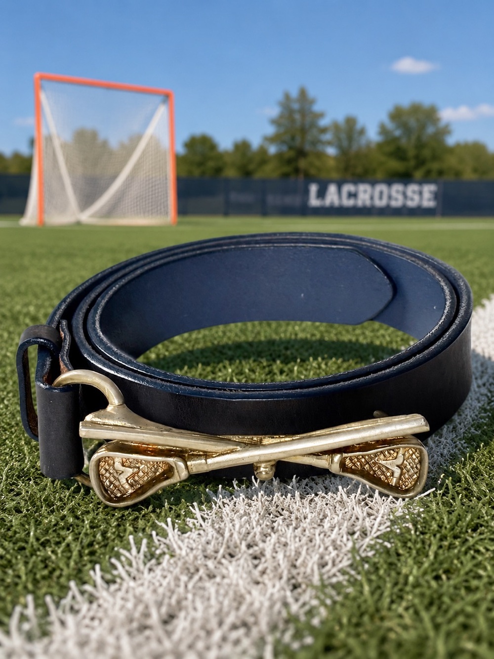 Vineyard Vines matte dark blue leather belt with lacrosse-themed buckle | 34